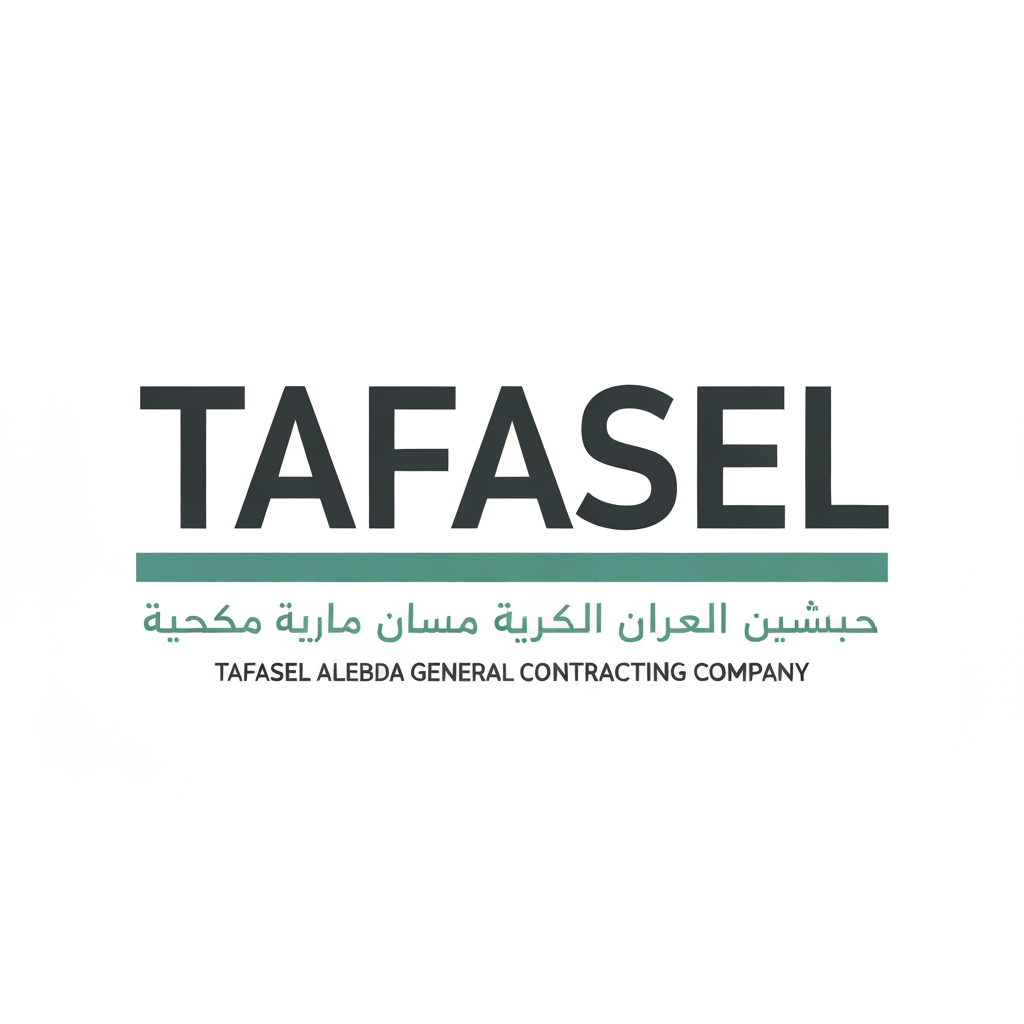 Minimalist and professional corporate logo for a general contracting company. The main focus is the word "TAFASEL" in a bold, wide, modern sans-serif typeface in dark charcoal gray. Below the text is a thick, solid horizontal divider line in a muted teal-green color. Underneath the line, two rows of smaller subtext are centered: the first row is clean Arabic typography "شركة تفاصيل الإبداع للمقاولات العامة", and the second row is the English text "TAFASEL ALEBDA GENERAL CONTRACTING COMPANY" in a condensed, uppercase font matching the teal color. The design is clean, flat vector, centered on a solid white background, emphasizing stability, precision, and modern architectural identity. High resolution, 4k, sharp edges.