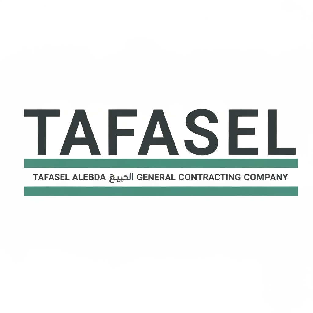 Minimalist and professional corporate logo for a general contracting company. The main focus is the word "TAFASEL" in a bold, wide, modern sans-serif typeface in dark charcoal gray. Below the text is a thick, solid horizontal divider line in a muted teal-green color. Underneath the line, two rows of smaller subtext are centered: the first row is clean Arabic typography "شركة تفاصيل الإبداع للمقاولات العامة", and the second row is the English text "TAFASEL ALEBDA GENERAL CONTRACTING COMPANY" in a condensed, uppercase font matching the teal color. The design is clean, flat vector, centered on a solid white background, emphasizing stability, precision, and modern architectural identity. High resolution, 4k, sharp edges.