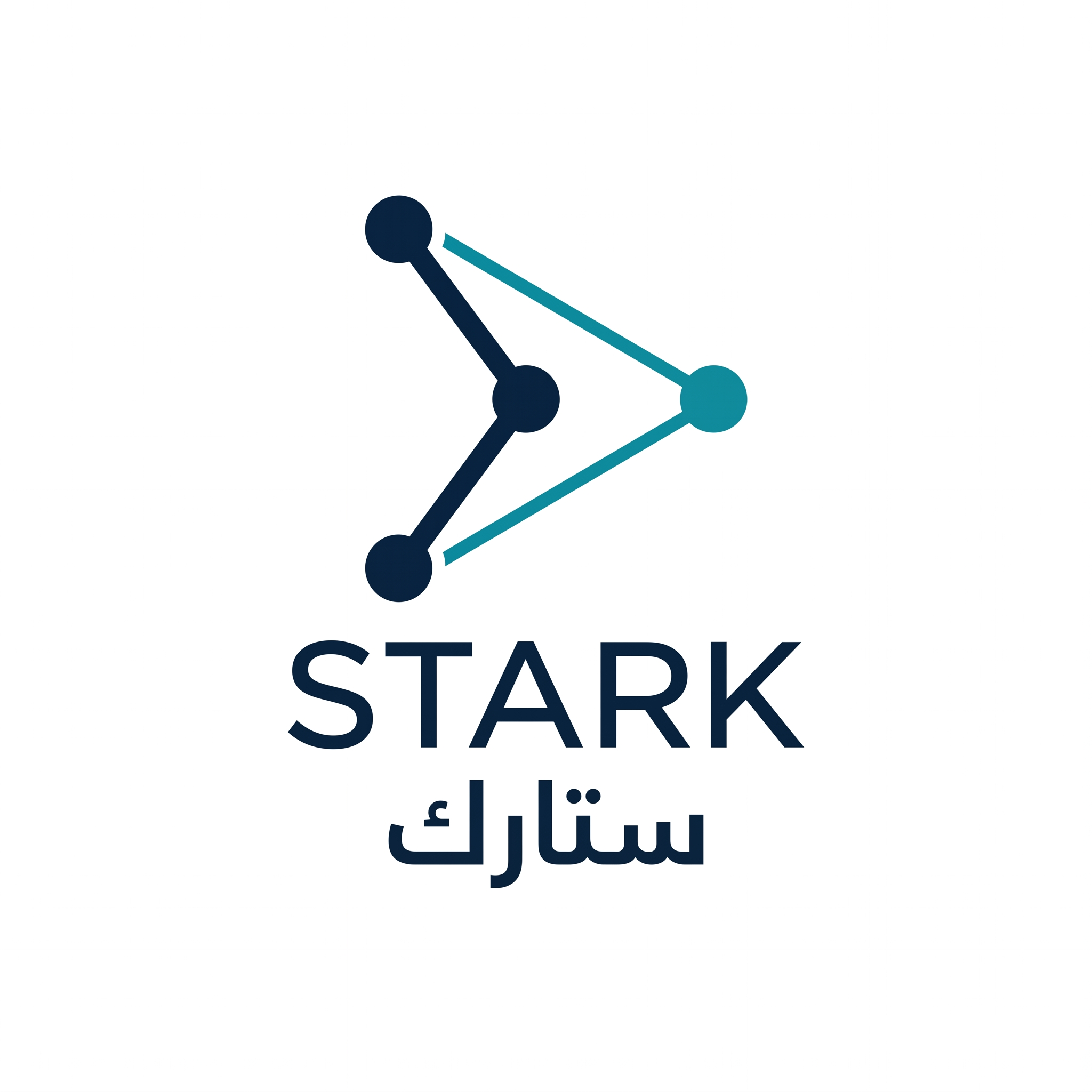 AI Design for Design a minimalist engineering logo for "STARK | ستارك".
Create an abstract symbol using two or three connected points with minimal geometric lines.
The symbol should represent:
- Smart systems
- Engineering
- Connectivity
- Innovation
Style:
Clean,
minimal,
corporate,
timeless.
Colors:
- Deep Navy (#0B1F3A)
- Teal Blue (#0099A8)
Typography:
Modern professional "STARK" with Arabic "ستارك".
Output:
Raw logo only,
white background,
flat vector style.