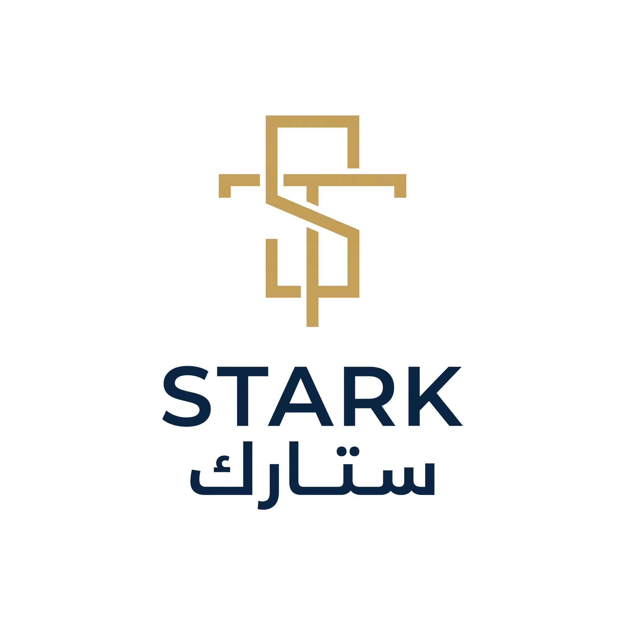 AI Design for Design a premium minimalist logo for "STARK | ستارك".
Create a simple geometric symbol using two interlocking lines with one subtle intersection.
The logo should feel:
- Professional
- Modern
- Technical
- Elegant
Design style:
Minimal geometry,
clean lines,
balanced proportions,
corporate identity.
Colors:
- Deep Navy (#102B4E)
- Metallic Gold (#C8A25A)
Typography:
Modern sans-serif "STARK" with contemporary Arabic "ستارك".
Output:
Raw logo only,
white background,
flat vector style.