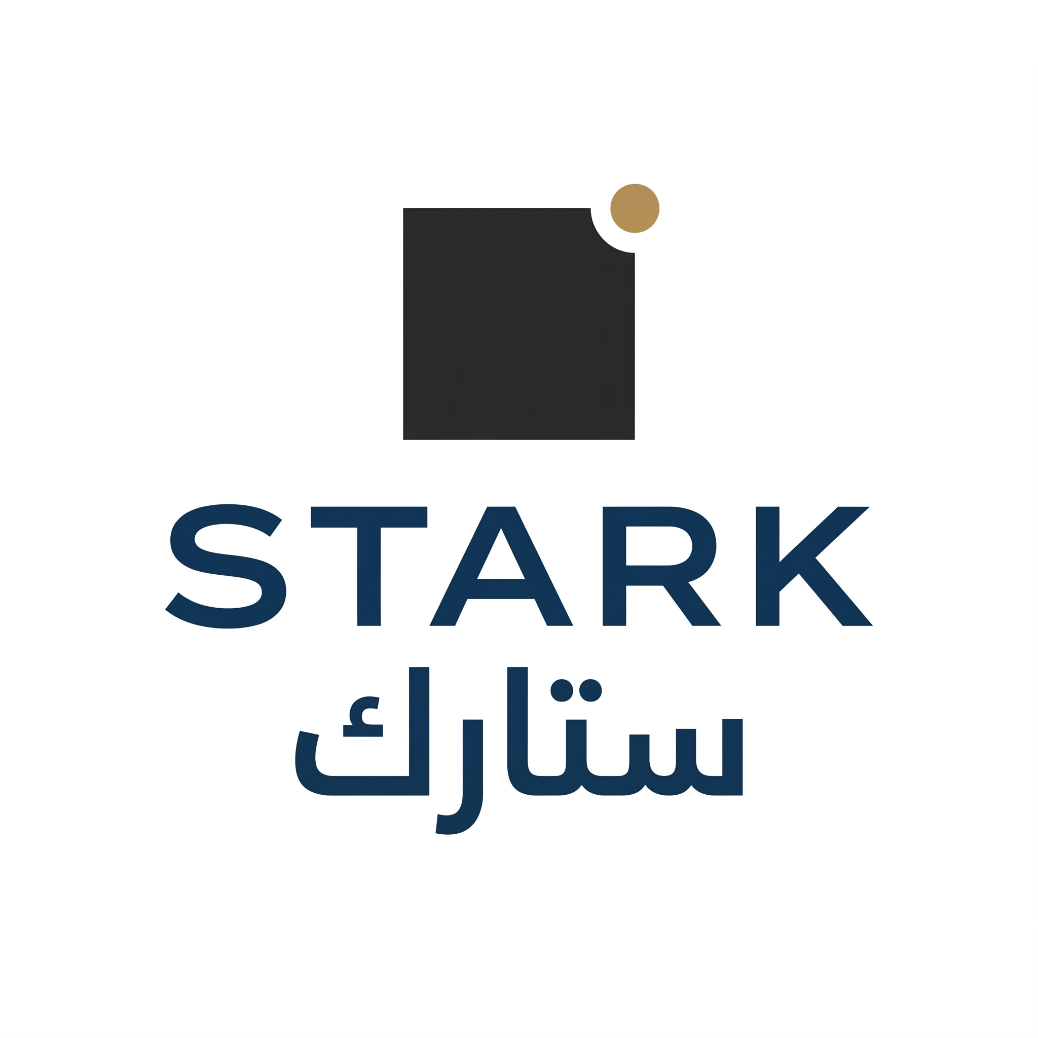 AI Design for Create a premium corporate logo for "STARK | ستارك".
Design an ultra-minimal symbol using one geometric shape and one offset point.
The displaced point should symbolize:
- Smart systems
- Innovation
- Future engineering
- Advanced thinking
The logo should feel:
- Elegant
- Intelligent
- Luxurious
- Memorable
Design language:
Minimalism,
perfect spacing,
Swiss-inspired corporate branding.
Color palette:
- Deep Graphite (#262626)
- Dark Sapphire (#153A63)
- Muted Gold (#B0894F)
Typography:
Modern geometric typography for "STARK" and Arabic "ستارك".
Output:
Raw vector logo,
white background,
no shadows,
no mockups.