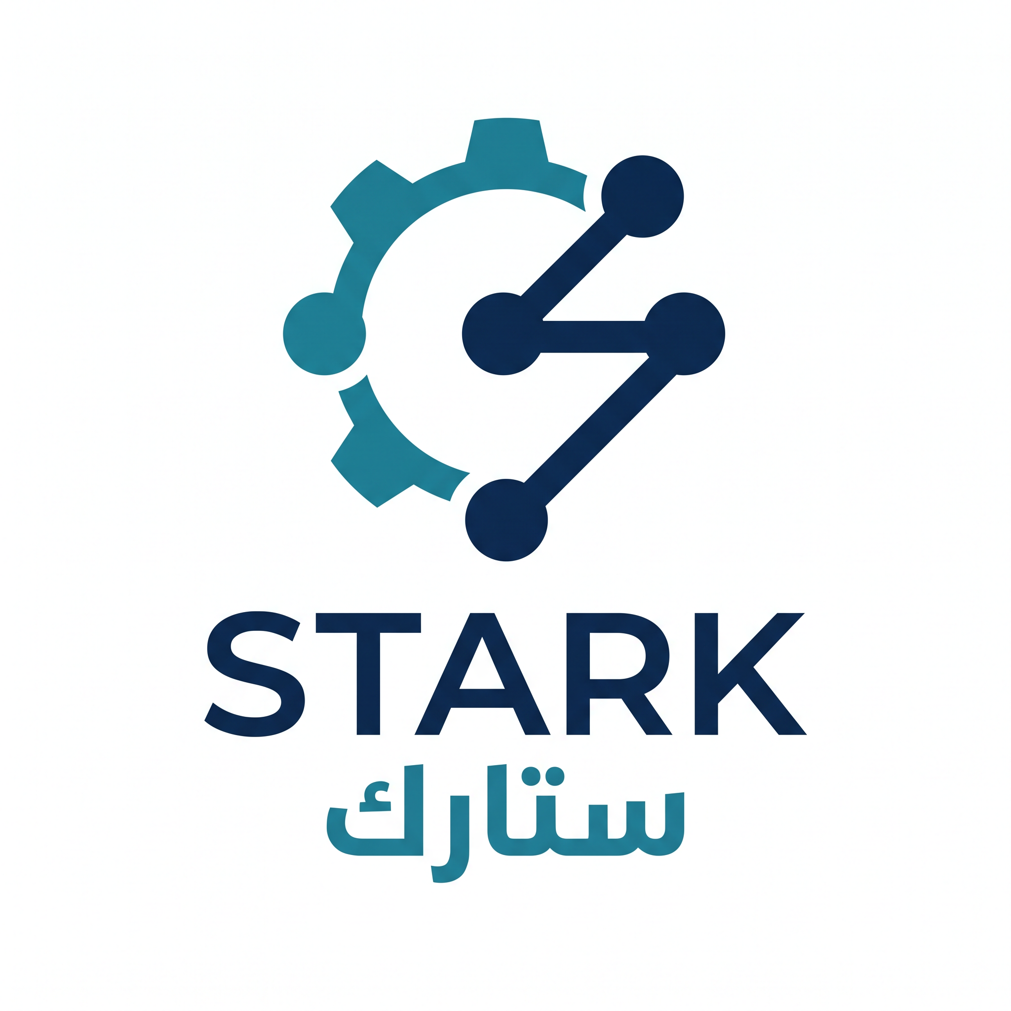 AI Design for Design a minimalist engineering logo for "STARK | ستارك".
Create an abstract symbol using two or three connected points with minimal geometric lines.
The symbol should represent:
- Smart systems
- Engineering
- Connectivity
- Innovation
Style:
Clean,
minimal,
corporate,
timeless.
Colors:
- Deep Navy (#0B1F3A)
- Teal Blue (#0099A8)
Typography:
Modern professional "STARK" with Arabic "ستارك".
Output:
Raw logo only,
white background,
flat vector style.