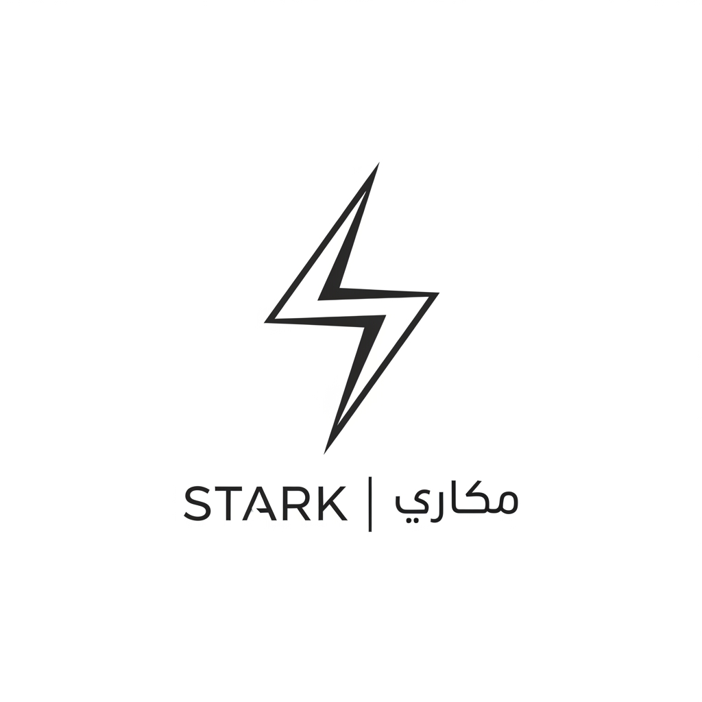 AI Design for Create a raw futuristic logo for "STARK | ستارك".
Design an ultra-minimal symbol consisting of two thin geometric strokes that nearly touch but never intersect.
The empty space between them should create a subtle visual illusion representing intelligent energy transfer, automation, and future engineering.
The symbol must be:
- Extremely simple
- Memorable
- Elegant
- Futuristic
- Corporate
Use only pure geometry and negative space.
Include the English name "STARK" and the Arabic name "ستارك".
Output only a clean raw logo on a white background.
No shadows.
No gradients.
No mockups.
No effects.