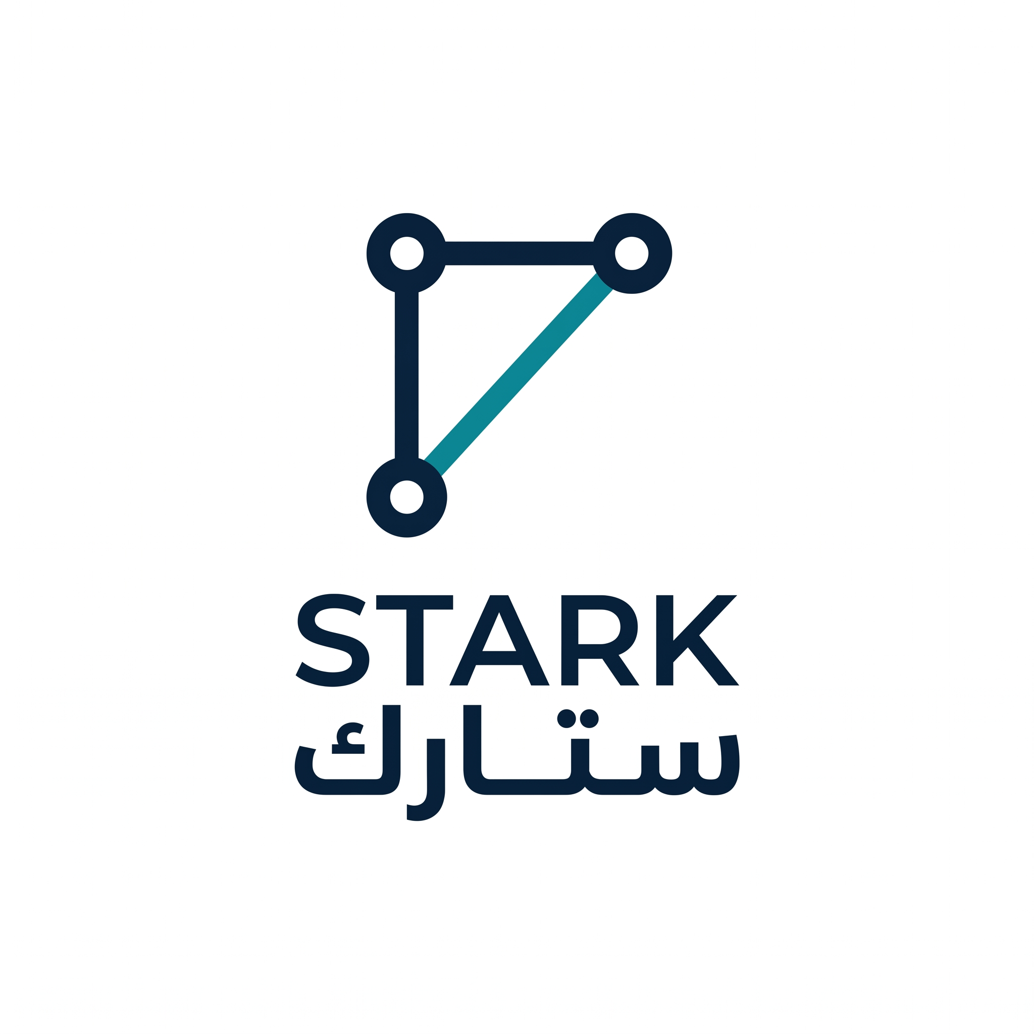 AI Design for Design a minimalist engineering logo for "STARK | ستارك".
Create an abstract symbol using two or three connected points with minimal geometric lines.
The symbol should represent:
- Smart systems
- Engineering
- Connectivity
- Innovation
Style:
Clean,
minimal,
corporate,
timeless.
Colors:
- Deep Navy (#0B1F3A)
- Teal Blue (#0099A8)
Typography:
Modern professional "STARK" with Arabic "ستارك".
Output:
Raw logo only,
white background,
flat vector style.