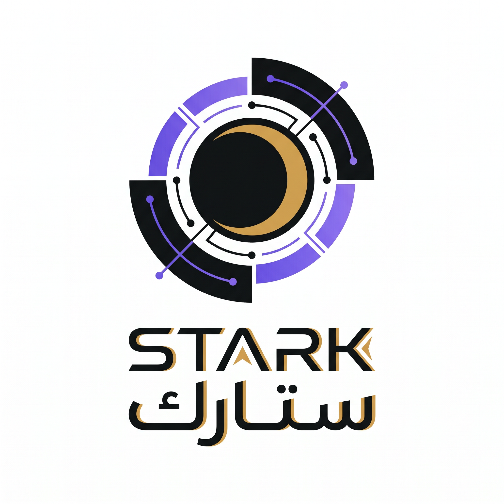 AI Design for Create a futuristic luxury logo for "STARK | ستارك".
Design an abstract symbol inspired by a digital eclipse using broken circular geometry and subtle asymmetry.
The symbol should communicate:
- Future technology
- Engineering
- Intelligence
- Innovation
Style:
Minimal futurism,
architectural balance,
premium industrial branding.
Color palette:
- Midnight Black (#111111)
- Iridescent Purple (#7A5CFF)
- Warm Titanium Gold (#D7A44A)
Typography:
Design elegant futuristic typography for "STARK" and Arabic "ستارك".
Output:
Raw vector logo,
pure white background,
no shadows,
no gradients,
no mockups.