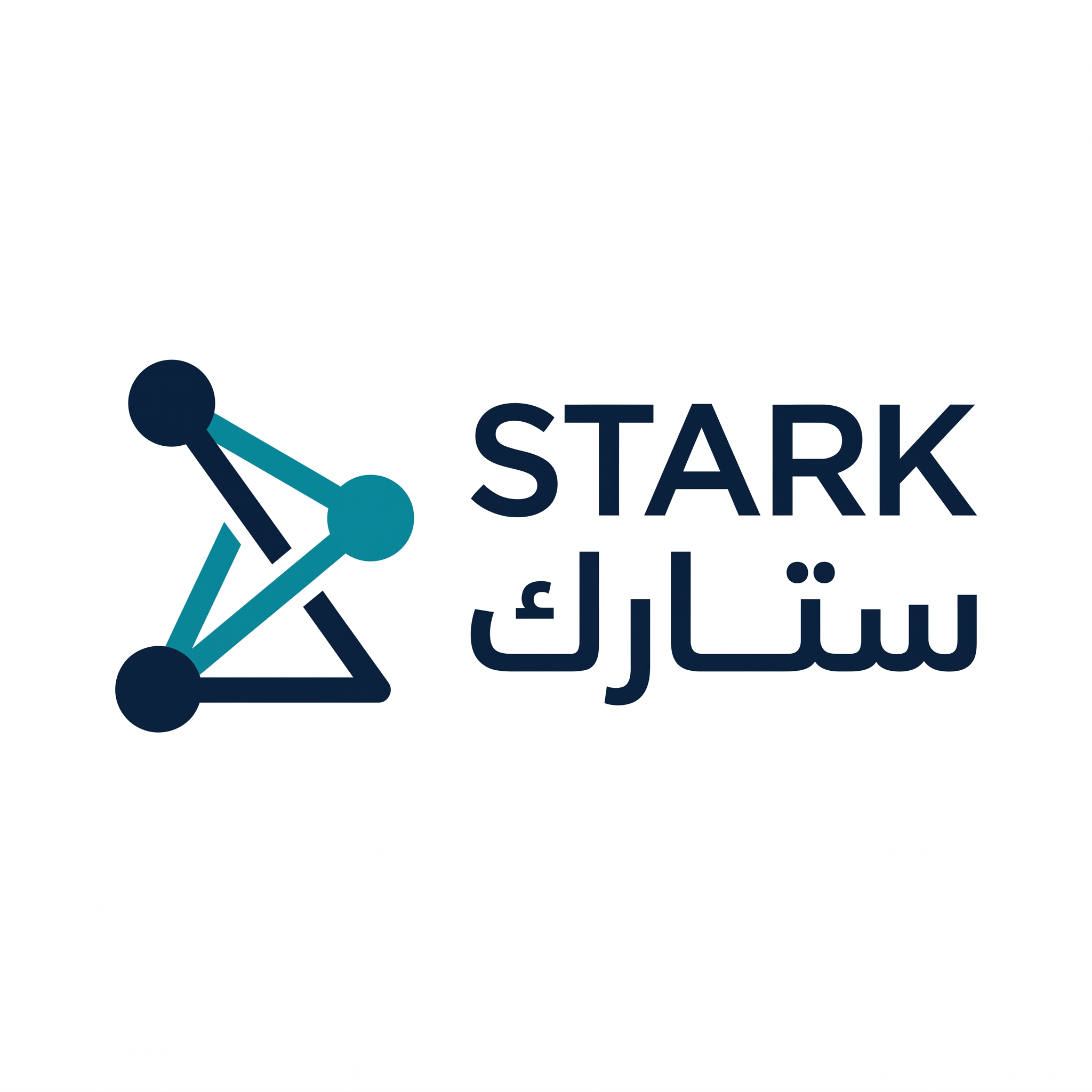 AI Design for Design a minimalist engineering logo for "STARK | ستارك".
Create an abstract symbol using two or three connected points with minimal geometric lines.
The symbol should represent:
- Smart systems
- Engineering
- Connectivity
- Innovation
Style:
Clean,
minimal,
corporate,
timeless.
Colors:
- Deep Navy (#0B1F3A)
- Teal Blue (#0099A8)
Typography:
Modern professional "STARK" with Arabic "ستارك".
Output:
Raw logo only,
white background,
flat vector style.