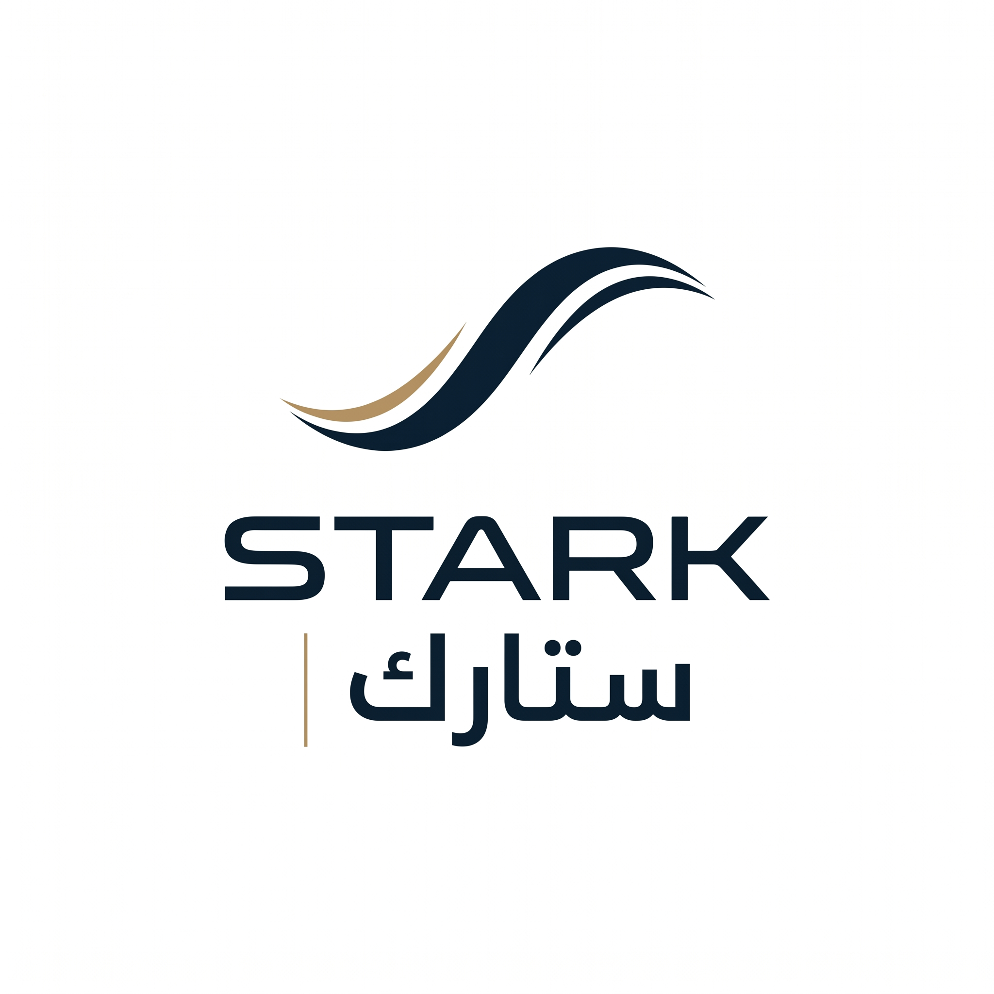 AI Design for Design a world-class futuristic minimalist logo for "STARK | ستارك".
Create a unique abstract symbol inspired by a silent energy pulse traveling through space — represented by a single elegant geometric motion or a minimal flowing form.
The symbol should embody:
- Precision engineering
- Intelligent energy
- Advanced technology
- Innovation
- Quiet confidence
The design must be:
- Extremely simple
- Elegant
- Futuristic
- Memorable
- Timeless
Design language:
Ultra-minimal line geometry,
subtle sense of motion,
balanced proportions,
refined negative space,
inspired by aerospace identity systems and next-generation industrial branding.
The logo should feel like a premium global engineering and technology corporation from the future.
Avoid:
- Lightning bolts
- Gears
- Buildings
- Circuit patterns
- Electronic icons
- Traditional engineering symbolism
- Overly complex shapes
Color palette:
- Deep Midnight Navy (#0D1B2A)
- Dark Titanium Gray (#4A5563)
- Muted Champagne Gold (#B08D57)
Use the navy color as the primary brand color, titanium gray for secondary details, and subtle champagne gold accents to create a premium and sophisticated identity.
Typography:
Create a custom futuristic sans-serif wordmark for "STARK" with wide spacing and clean engineered proportions.
Include the Arabic name "ستارك" in a matching contemporary style.
Presentation:
Raw logo concept only,
pure white background,
flat vector artwork,
no shadows,
no mockups,
no gradients,
no textures,
no 3D effects.