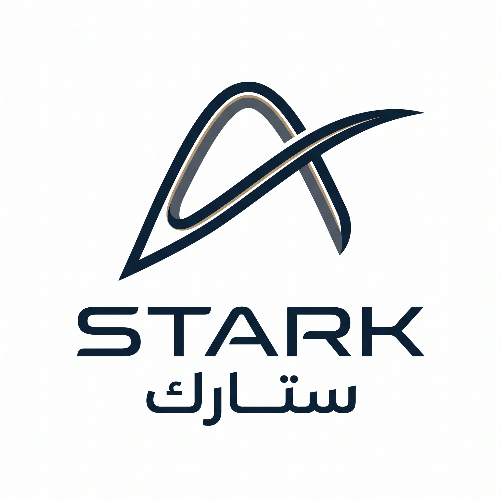 AI Design for Design a world-class futuristic minimalist logo for "STARK | ستارك".
Create a unique abstract symbol inspired by a silent energy pulse traveling through space — represented by a single elegant geometric motion or a minimal flowing form.
The symbol should embody:
- Precision engineering
- Intelligent energy
- Advanced technology
- Innovation
- Quiet confidence
The design must be:
- Extremely simple
- Elegant
- Futuristic
- Memorable
- Timeless
Design language:
Ultra-minimal line geometry,
subtle sense of motion,
balanced proportions,
refined negative space,
inspired by aerospace identity systems and next-generation industrial branding.
The logo should feel like a premium global engineering and technology corporation from the future.
Avoid:
- Lightning bolts
- Gears
- Buildings
- Circuit patterns
- Electronic icons
- Traditional engineering symbolism
- Overly complex shapes
Color palette:
- Deep Midnight Navy (#0D1B2A)
- Dark Titanium Gray (#4A5563)
- Muted Champagne Gold (#B08D57)
Use the navy color as the primary brand color, titanium gray for secondary details, and subtle champagne gold accents to create a premium and sophisticated identity.
Typography:
Create a custom futuristic sans-serif wordmark for "STARK" with wide spacing and clean engineered proportions.
Include the Arabic name "ستارك" in a matching contemporary style.
Presentation:
Raw logo concept only,
pure white background,
flat vector artwork,
no shadows,
no mockups,
no gradients,
no textures,
no 3D effects.