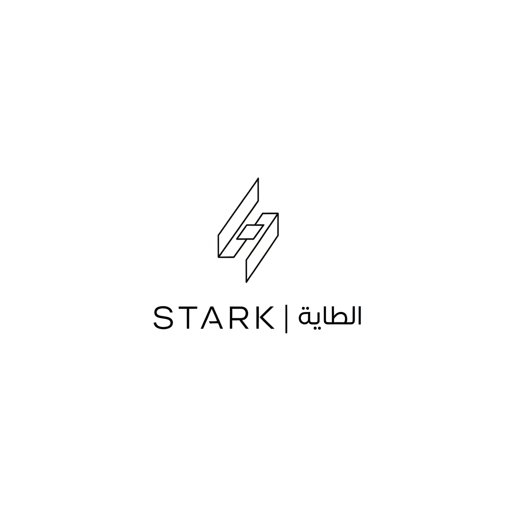 AI Design for Create a raw futuristic logo for "STARK | ستارك".
Design an ultra-minimal symbol consisting of two thin geometric strokes that nearly touch but never intersect.
The empty space between them should create a subtle visual illusion representing intelligent energy transfer, automation, and future engineering.
The symbol must be:
- Extremely simple
- Memorable
- Elegant
- Futuristic
- Corporate
Use only pure geometry and negative space.
Include the English name "STARK" and the Arabic name "ستارك".
Output only a clean raw logo on a white background.
No shadows.
No gradients.
No mockups.
No effects.