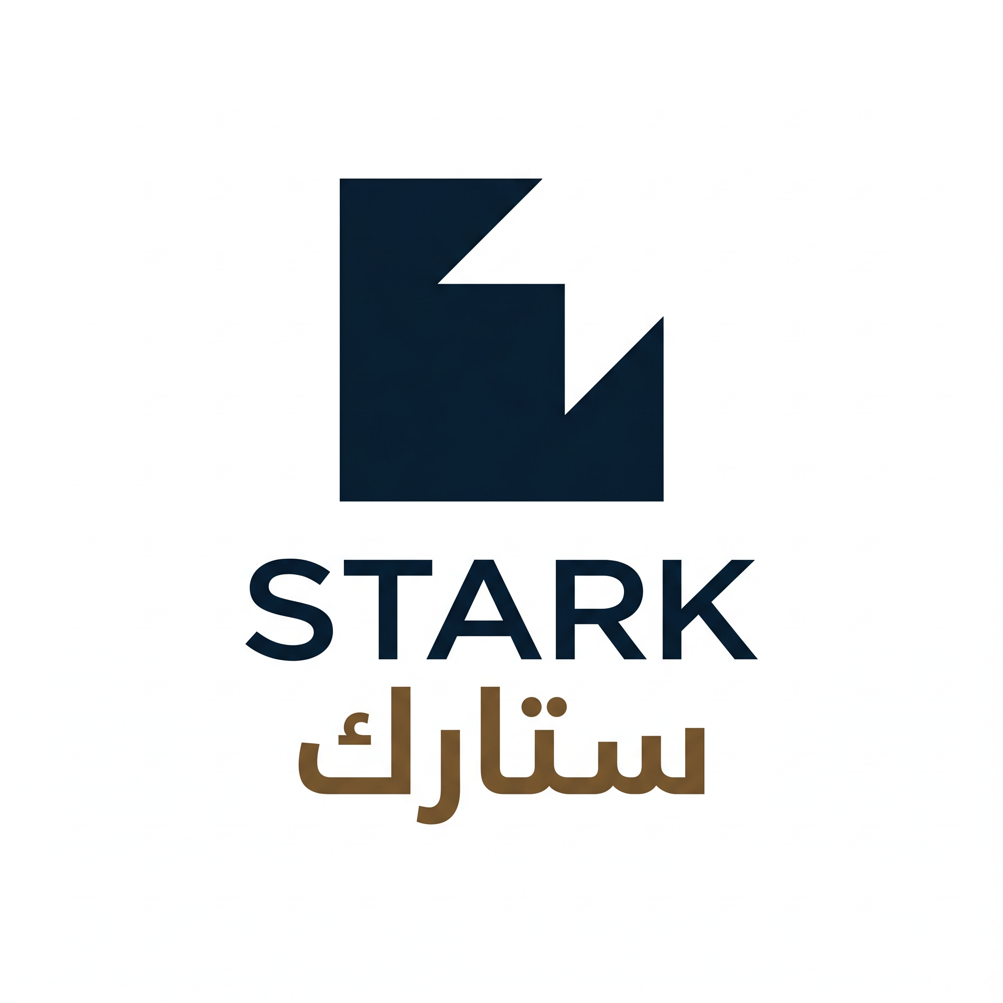 AI Design for Design a world-class minimalist logo for "STARK | ستارك".
Create an iconic symbol based on a perfect geometric shape with one intentionally missing corner.
The missing element should create a feeling of:
- Innovation
- Future thinking
- Precision engineering
- Intelligent systems
The logo must be:
- Extremely simple
- Memorable
- Premium
- Corporate
Design style:
Minimal geometry,
subtle negative space,
architectural balance,
timeless branding.
Color palette:
- Midnight Navy (#0B1B2B)
- Deep Bronze (#7A5A3A)
Typography:
Create a premium modern wordmark for "STARK" with matching Arabic "ستارك".
Output:
Raw logo only,
white background,
flat vector style,
no effects,
no shadows.