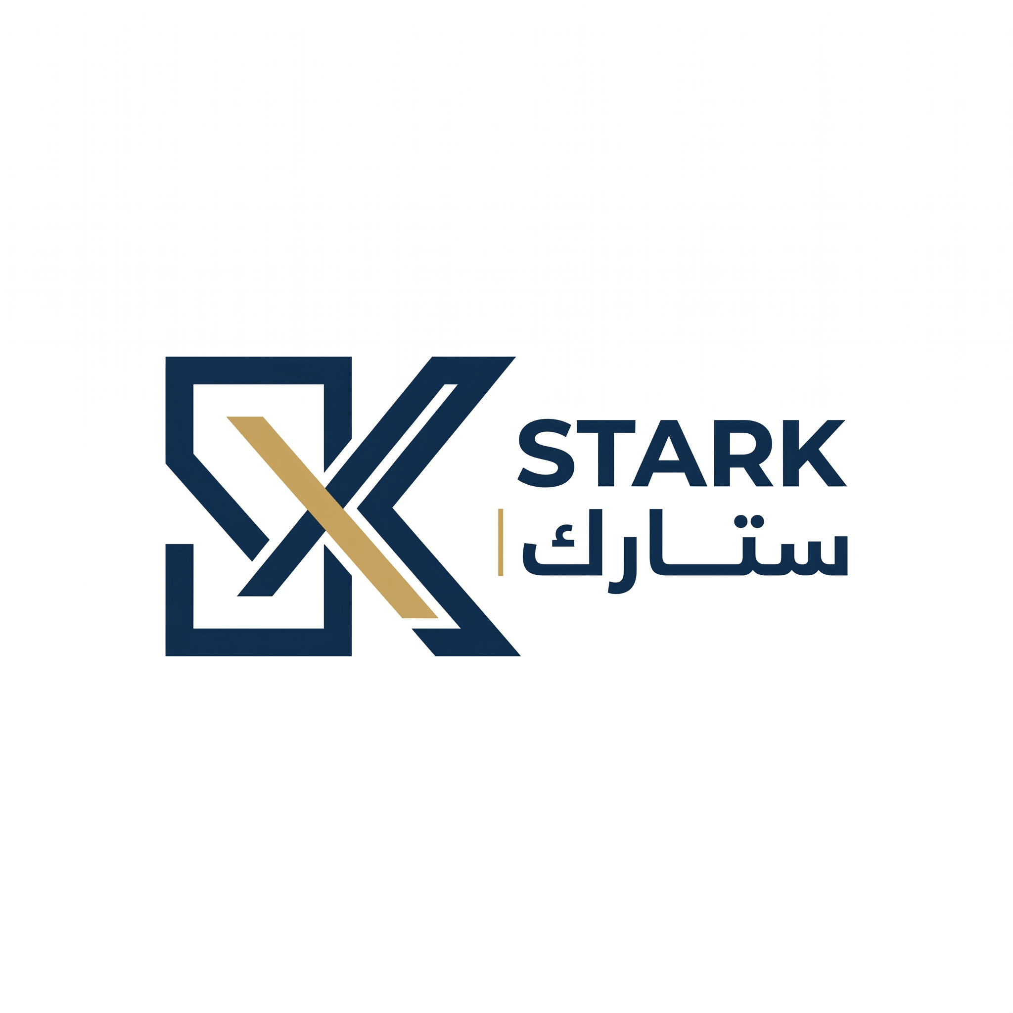 AI Design for Design a premium minimalist logo for "STARK | ستارك".
Create a simple geometric symbol using two interlocking lines with one subtle intersection.
The logo should feel:
- Professional
- Modern
- Technical
- Elegant
Design style:
Minimal geometry,
clean lines,
balanced proportions,
corporate identity.
Colors:
- Deep Navy (#102B4E)
- Metallic Gold (#C8A25A)
Typography:
Modern sans-serif "STARK" with contemporary Arabic "ستارك".
Output:
Raw logo only,
white background,
flat vector style.