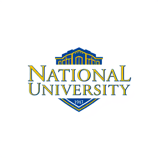 AI Design for college school logo with name inside "National University" with gold and blue style