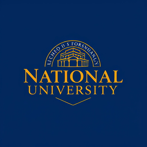 AI Design for college school logo with name inside "National University" with gold and blue style
