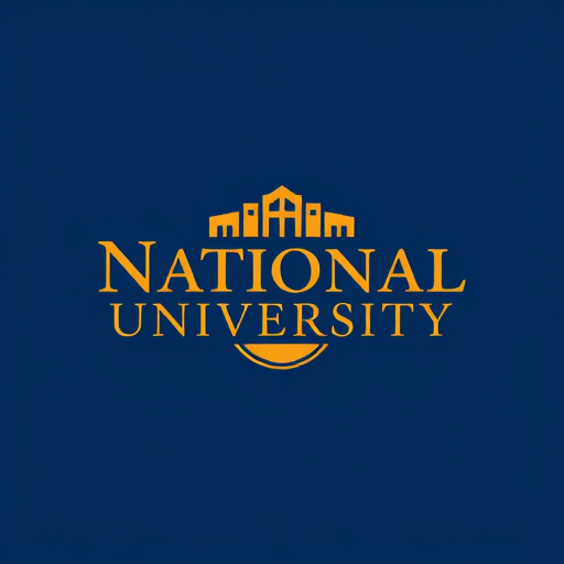 AI Design for college school logo with name inside "National University" with gold and blue style