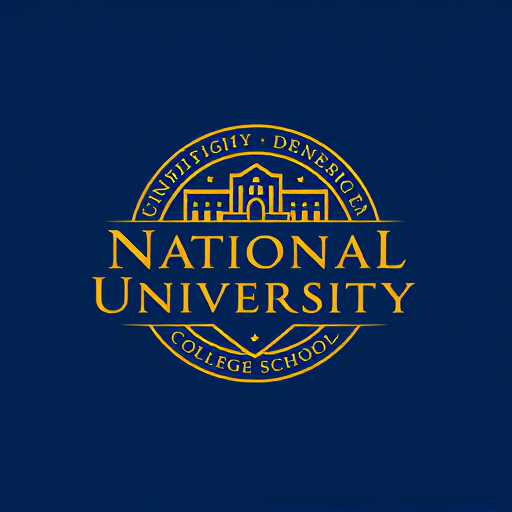 AI Design for college school logo with name inside "National University" with gold and blue style