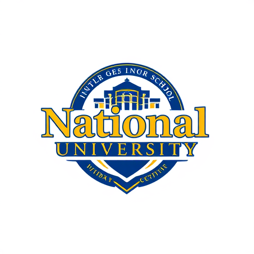AI Design for college school logo with name inside "National University" with gold and blue style