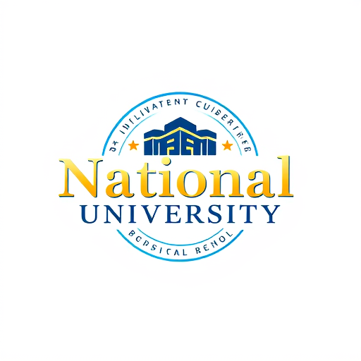 AI Design for college school logo with name inside "National University" with gold and blue style
