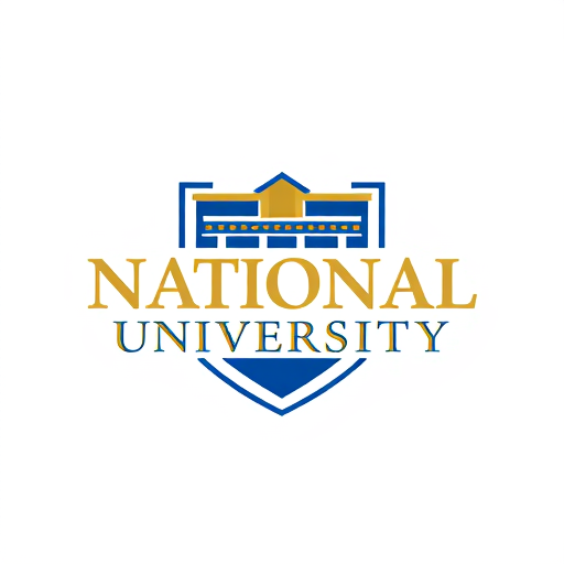 AI Design for college school logo with name inside "National University" with gold and blue style