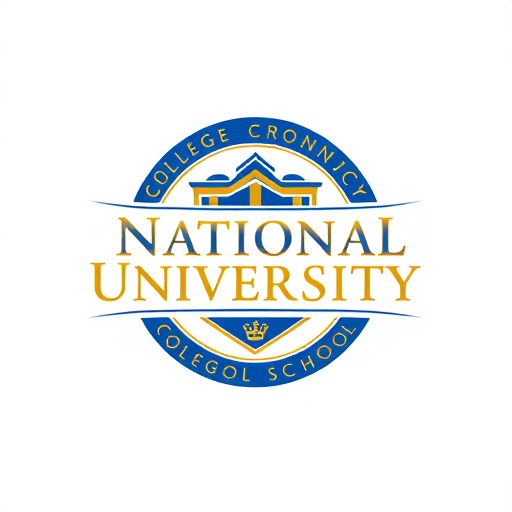 AI Design for college school logo with name inside "National University" with gold and blue style