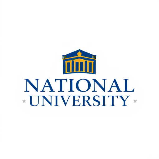 AI Design for College School logo name "National University" with blue and gold style