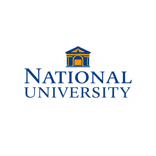 AI Design for College School logo name "National University" with blue and gold style