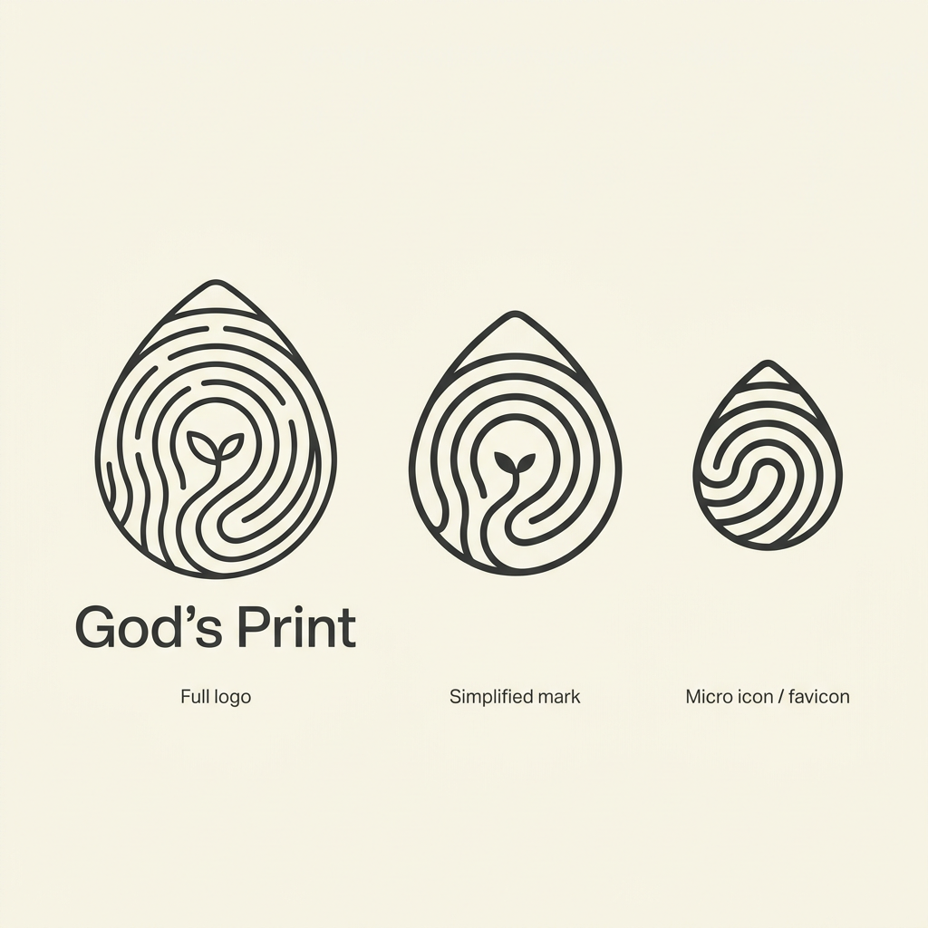 AI Design for Create a refined **line-art logo concept for a spiritual digital product called “God’s Print.”**
The core symbol should combine several meanings into **one coherent abstract mark**, not look like several separate icons placed together.
### Core concept
The overall silhouette should subtly resemble a **droplet**, but it must simultaneously read as a **fingerprint**.
Inside the droplet, use flowing concentric linework that can be interpreted in three ways:
* **fingerprint ridges** — uniqueness, individuality, the personal mark that God leaves in every person;
* **tree growth rings** — time, accumulated experience, personal and spiritual growth;
* **a journey / path** — a person’s evolving relationship with God.
At the center of the mark, integrate a **very minimal young sprout with two small leaves**, representing growth, life, hope and faith being cultivated over time.
The path should lead visually toward the sprout, but it should **emerge naturally from the fingerprint/tree-ring line system**. It must not look like a separate road drawn on top of the symbol.
The relationship between the elements should feel like:
**God’s unique imprint → personal journey → growth over time.**
### Visual direction
Use a sophisticated, minimal **monoline / line-art aesthetic**.
The logo should feel:
* premium;
* quiet;
* intimate;
* contemporary;
* timeless;
* organic but controlled;
* spiritual without relying on obvious religious clichés;
* elegant enough for a modern wellbeing / faith application.
Avoid illustrative detail. Think of a carefully designed identity mark rather than an illustration.
Use:
* consistent line weight;
* generous negative space;
* smooth but controlled curves;
* relatively few internal lines;
* clear silhouette;
* strong visual balance;
* enough spacing between lines for the mark to remain readable at smaller sizes.
The droplet silhouette should be **subtle rather than literal**. It should feel as though a fingerprint naturally evolved into a droplet shape.
The fingerprint should remain the strongest immediate visual association.
The tree-ring association should reveal itself more subtly on a second look.
The sprout should be small and integrated into the structure rather than becoming the dominant element.
### Important: avoid ambiguous or sensual shapes
Be extremely careful to avoid any visual form that could be interpreted as anatomical, erotic, sensual or suggestive, even through an exaggerated imagination.
Specifically avoid:
* central vertical slits;
* vaginal or vulva-like geometry;
* phallic silhouettes;
* breast-like forms;
* buttock-like symmetry;
* womb-like symbolism;
* sensual body curves;
* overly soft fleshy forms;
* suggestive openings or cavities;
* shapes resembling reproductive organs;
* a winding path that looks like a body part;
* strongly symmetrical openings at the bottom of the symbol.
Do **not** create a large open gap running upward through the center.
Instead, make the journey/path appear through **subtle changes in spacing, interruptions or redirection of the fingerprint lines**.
The result should feel clearly associated with **nature, identity, growth and spiritual journey**, with no bodily or sexual reading.
### Scalability
Design the symbol as a proper responsive identity system.
Show three levels next to each other:
**1. Full logo**
* complete fingerprint / tree-ring line system;
* subtle droplet silhouette;
* tiny central sprout;
* subtle path incorporated into the line structure;
* wordmark: **God’s Print**.
**2. Simplified mark**
* fewer fingerprint/tree-ring lines;
* wider negative spaces;
* stronger silhouette;
* simplified or extremely subtle sprout;
* no small decorative details.
**3. Micro icon / favicon**
* reduce the concept to approximately 3–5 strong internal lines;
* no tiny sprout if it harms readability;
* preserve the unique droplet + fingerprint character;
* clearly recognizable at 16×16 and 32×32 px.
Present all three versions **side by side on one clean brand-concept sheet** so their scalability can be compared immediately.
### Style
Warm ivory or neutral background.
Dark charcoal or deep desaturated forest-green linework.
No gradients.
No 3D.
No shadows.
No glossy effects.
No realistic fingerprint texture.
No stock-logo appearance.
No cross, church, Bible, praying hands, dove, halo or other obvious Christian iconography.
The final result should look like a **distinctive premium identity for a modern spiritual product**, not a generic church logo or wellness brand.