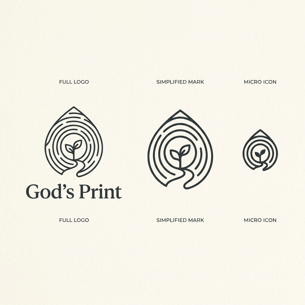 AI Design for Create a refined **line-art logo concept for a spiritual digital product called “God’s Print.”**
The core symbol should combine several meanings into **one coherent abstract mark**, not look like several separate icons placed together.
### Core concept
The overall silhouette should subtly resemble a **droplet**, but it must simultaneously read as a **fingerprint**.
Inside the droplet, use flowing concentric linework that can be interpreted in three ways:
* **fingerprint ridges** — uniqueness, individuality, the personal mark that God leaves in every person;
* **tree growth rings** — time, accumulated experience, personal and spiritual growth;
* **a journey / path** — a person’s evolving relationship with God.
At the center of the mark, integrate a **very minimal young sprout with two small leaves**, representing growth, life, hope and faith being cultivated over time.
The path should lead visually toward the sprout, but it should **emerge naturally from the fingerprint/tree-ring line system**. It must not look like a separate road drawn on top of the symbol.
The relationship between the elements should feel like:
**God’s unique imprint → personal journey → growth over time.**
### Visual direction
Use a sophisticated, minimal **monoline / line-art aesthetic**.
The logo should feel:
* premium;
* quiet;
* intimate;
* contemporary;
* timeless;
* organic but controlled;
* spiritual without relying on obvious religious clichés;
* elegant enough for a modern wellbeing / faith application.
Avoid illustrative detail. Think of a carefully designed identity mark rather than an illustration.
Use:
* consistent line weight;
* generous negative space;
* smooth but controlled curves;
* relatively few internal lines;
* clear silhouette;
* strong visual balance;
* enough spacing between lines for the mark to remain readable at smaller sizes.
The droplet silhouette should be **subtle rather than literal**. It should feel as though a fingerprint naturally evolved into a droplet shape.
The fingerprint should remain the strongest immediate visual association.
The tree-ring association should reveal itself more subtly on a second look.
The sprout should be small and integrated into the structure rather than becoming the dominant element.
### Important: avoid ambiguous or sensual shapes
Be extremely careful to avoid any visual form that could be interpreted as anatomical, erotic, sensual or suggestive, even through an exaggerated imagination.
Specifically avoid:
* central vertical slits;
* vaginal or vulva-like geometry;
* phallic silhouettes;
* breast-like forms;
* buttock-like symmetry;
* womb-like symbolism;
* sensual body curves;
* overly soft fleshy forms;
* suggestive openings or cavities;
* shapes resembling reproductive organs;
* a winding path that looks like a body part;
* strongly symmetrical openings at the bottom of the symbol.
Do **not** create a large open gap running upward through the center.
Instead, make the journey/path appear through **subtle changes in spacing, interruptions or redirection of the fingerprint lines**.
The result should feel clearly associated with **nature, identity, growth and spiritual journey**, with no bodily or sexual reading.
### Scalability
Design the symbol as a proper responsive identity system.
Show three levels next to each other:
**1. Full logo**
* complete fingerprint / tree-ring line system;
* subtle droplet silhouette;
* tiny central sprout;
* subtle path incorporated into the line structure;
* wordmark: **God’s Print**.
**2. Simplified mark**
* fewer fingerprint/tree-ring lines;
* wider negative spaces;
* stronger silhouette;
* simplified or extremely subtle sprout;
* no small decorative details.
**3. Micro icon / favicon**
* reduce the concept to approximately 3–5 strong internal lines;
* no tiny sprout if it harms readability;
* preserve the unique droplet + fingerprint character;
* clearly recognizable at 16×16 and 32×32 px.
Present all three versions **side by side on one clean brand-concept sheet** so their scalability can be compared immediately.
### Style
Warm ivory or neutral background.
Dark charcoal or deep desaturated forest-green linework.
No gradients.
No 3D.
No shadows.
No glossy effects.
No realistic fingerprint texture.
No stock-logo appearance.
No cross, church, Bible, praying hands, dove, halo or other obvious Christian iconography.
The final result should look like a **distinctive premium identity for a modern spiritual product**, not a generic church logo or wellness brand.