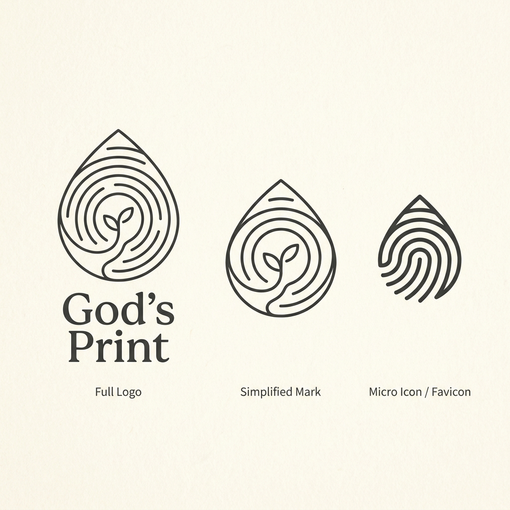 AI Design for Create a refined **line-art logo concept for a spiritual digital product called “God’s Print.”**
The core symbol should combine several meanings into **one coherent abstract mark**, not look like several separate icons placed together.
### Core concept
The overall silhouette should subtly resemble a **droplet**, but it must simultaneously read as a **fingerprint**.
Inside the droplet, use flowing concentric linework that can be interpreted in three ways:
* **fingerprint ridges** — uniqueness, individuality, the personal mark that God leaves in every person;
* **tree growth rings** — time, accumulated experience, personal and spiritual growth;
* **a journey / path** — a person’s evolving relationship with God.
At the center of the mark, integrate a **very minimal young sprout with two small leaves**, representing growth, life, hope and faith being cultivated over time.
The path should lead visually toward the sprout, but it should **emerge naturally from the fingerprint/tree-ring line system**. It must not look like a separate road drawn on top of the symbol.
The relationship between the elements should feel like:
**God’s unique imprint → personal journey → growth over time.**
### Visual direction
Use a sophisticated, minimal **monoline / line-art aesthetic**.
The logo should feel:
* premium;
* quiet;
* intimate;
* contemporary;
* timeless;
* organic but controlled;
* spiritual without relying on obvious religious clichés;
* elegant enough for a modern wellbeing / faith application.
Avoid illustrative detail. Think of a carefully designed identity mark rather than an illustration.
Use:
* consistent line weight;
* generous negative space;
* smooth but controlled curves;
* relatively few internal lines;
* clear silhouette;
* strong visual balance;
* enough spacing between lines for the mark to remain readable at smaller sizes.
The droplet silhouette should be **subtle rather than literal**. It should feel as though a fingerprint naturally evolved into a droplet shape.
The fingerprint should remain the strongest immediate visual association.
The tree-ring association should reveal itself more subtly on a second look.
The sprout should be small and integrated into the structure rather than becoming the dominant element.
### Important: avoid ambiguous or sensual shapes
Be extremely careful to avoid any visual form that could be interpreted as anatomical, erotic, sensual or suggestive, even through an exaggerated imagination.
Specifically avoid:
* central vertical slits;
* vaginal or vulva-like geometry;
* phallic silhouettes;
* breast-like forms;
* buttock-like symmetry;
* womb-like symbolism;
* sensual body curves;
* overly soft fleshy forms;
* suggestive openings or cavities;
* shapes resembling reproductive organs;
* a winding path that looks like a body part;
* strongly symmetrical openings at the bottom of the symbol.
Do **not** create a large open gap running upward through the center.
Instead, make the journey/path appear through **subtle changes in spacing, interruptions or redirection of the fingerprint lines**.
The result should feel clearly associated with **nature, identity, growth and spiritual journey**, with no bodily or sexual reading.
### Scalability
Design the symbol as a proper responsive identity system.
Show three levels next to each other:
**1. Full logo**
* complete fingerprint / tree-ring line system;
* subtle droplet silhouette;
* tiny central sprout;
* subtle path incorporated into the line structure;
* wordmark: **God’s Print**.
**2. Simplified mark**
* fewer fingerprint/tree-ring lines;
* wider negative spaces;
* stronger silhouette;
* simplified or extremely subtle sprout;
* no small decorative details.
**3. Micro icon / favicon**
* reduce the concept to approximately 3–5 strong internal lines;
* no tiny sprout if it harms readability;
* preserve the unique droplet + fingerprint character;
* clearly recognizable at 16×16 and 32×32 px.
Present all three versions **side by side on one clean brand-concept sheet** so their scalability can be compared immediately.
### Style
Warm ivory or neutral background.
Dark charcoal or deep desaturated forest-green linework.
No gradients.
No 3D.
No shadows.
No glossy effects.
No realistic fingerprint texture.
No stock-logo appearance.
No cross, church, Bible, praying hands, dove, halo or other obvious Christian iconography.
The final result should look like a **distinctive premium identity for a modern spiritual product**, not a generic church logo or wellness brand.
