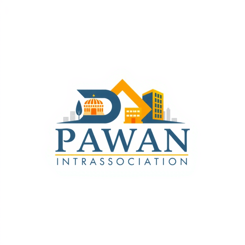 AI Design for its Pawan Association (Combine P and A on the behalf of this) it is a real estate association make it more simpler in terms of only i want "P" and "A" in the logo invert "A" and place it in the starting. I want "A" in terms of "@" and give some infrastructure behind the logo as I said it is a real estate association remove "INTRASSOCAATION" from the logo
