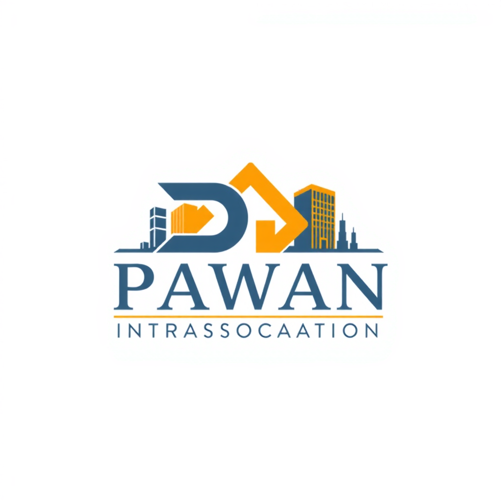 AI Design for its Pawan Association (Combine P and A on the behalf of this) it is a real estate association make it more simpler in terms of only i want "P" and "A" in the logo invert "A" and place it in the starting. I want "A" in terms of "@" and give some infrastructure behind the logo as I said it is a real estate association remove "INTRASSOCAATION" from the logo
