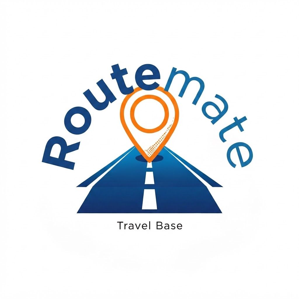 AI Design for i want Routemate text above that road starts from letter "o" and end at letter "E"