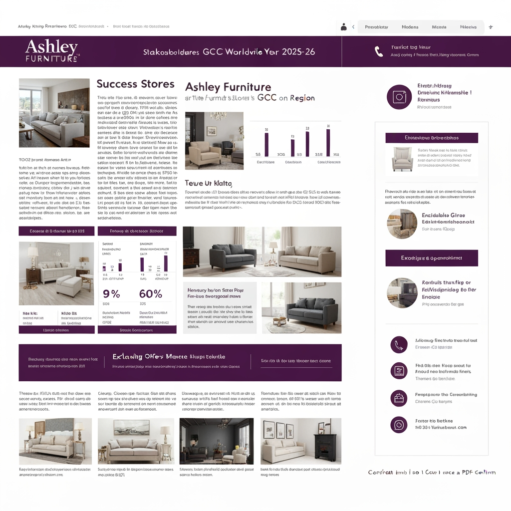 AI Design for Create an interactive newsletter for Ashley Furnitures GCC stakeholders and world wide subscribers for financial year 2025-26 with datas,statistics and images from the web. Also convert into pdf once I confirm