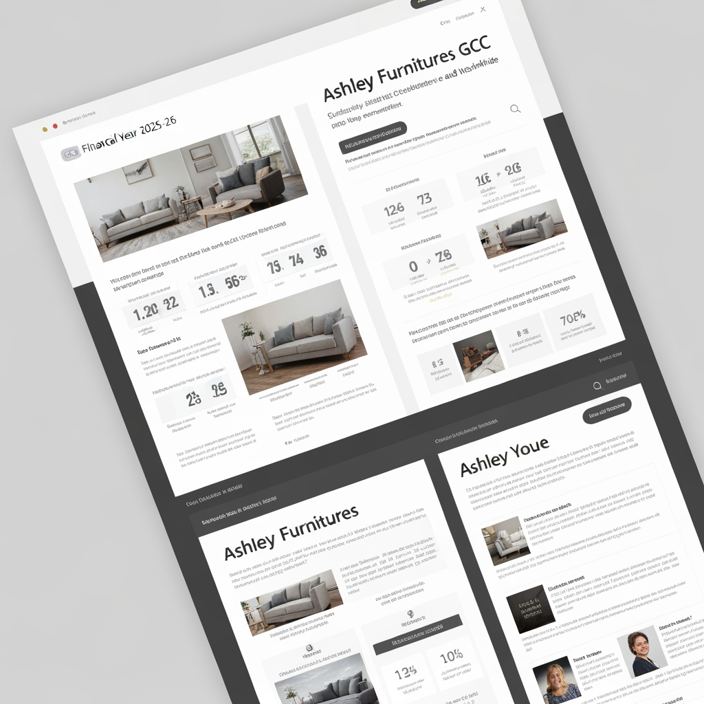 AI Design for Create an interactive newsletter for Ashley Furnitures GCC stakeholders and world wide subscribers for financial year 2025-26 with datas,statistics and images from the web. Also convert into pdf once I confirm