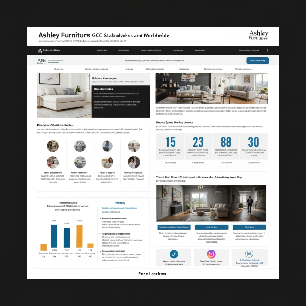 AI Design for Create an interactive newsletter for Ashley Furnitures GCC stakeholders and world wide subscribers for financial year 2025-26 with datas,statistics and images from the web. Also convert into pdf once I confirm