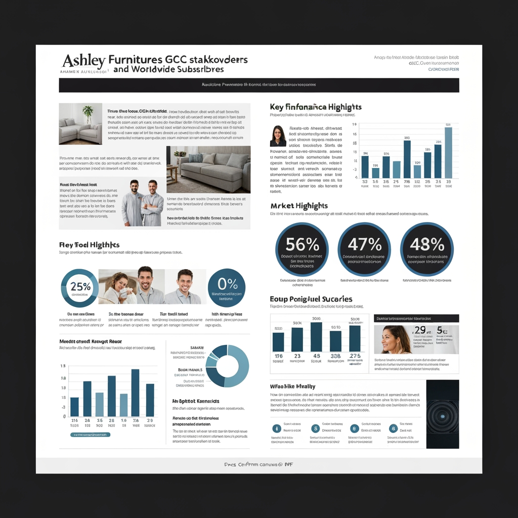 AI Design for Create an interactive newsletter for Ashley Furnitures GCC stakeholders and world wide subscribers for financial year 2025-26 with datas,statistics and images from the web. Also convert into pdf once I confirm