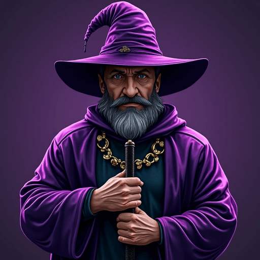 AI Design for Create a Picture with a wizard with purple clothes and a wizard hat but instead of a staff he has a black weapon in his hands. His look is crumpy. he also has a golden chain around his neck and there is written: Schickert