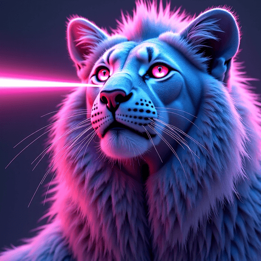 AI Design for make an ak-47 with the face of a cat but it shoots laser out of the eyes and everything ist blue purple in a cyberpink style. the aK is in the hand of a lion