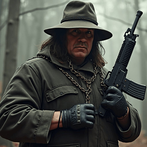 AI Design for i need a wizard with an ak47 and a gangster chain where schickert is written