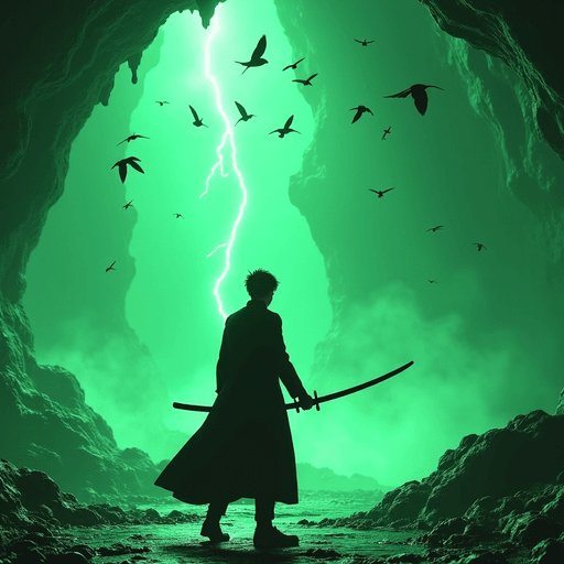 AI Design for Tom Riddle with an samurai sword attacking birds in a green neon cave