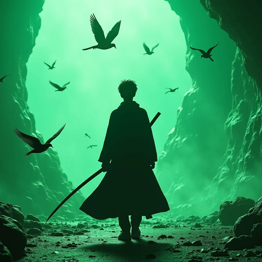 AI Design for Tom Riddle with an samurai sword attacking birds in a green neon cave