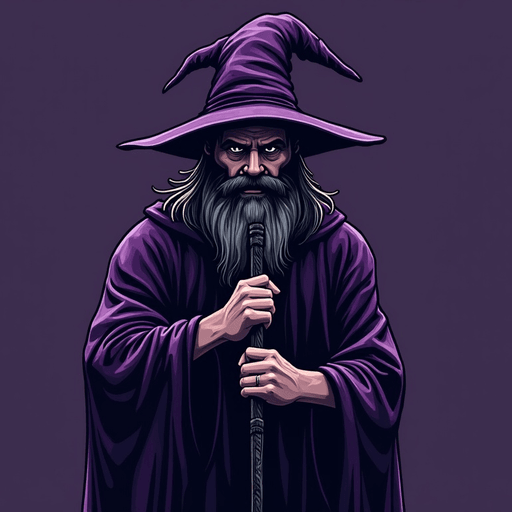 AI Design for Create a Picture with a wizard with purple clothes and a wizard hat but instead of a staff he has a black m4a1-silenced in his hands