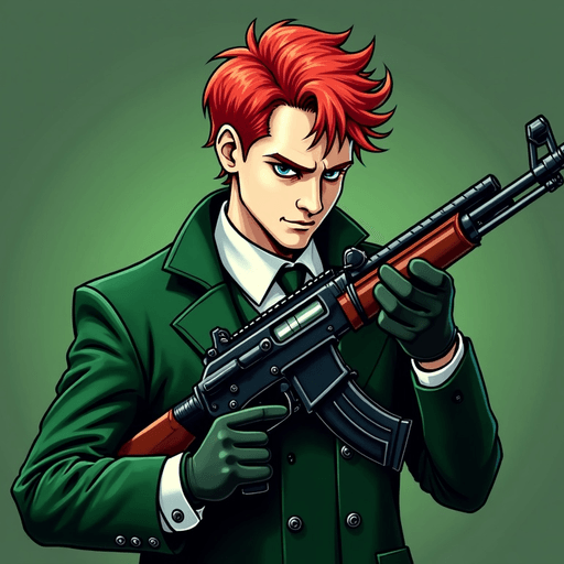 AI Design for Voldemort in his green costume but with the red hair of Ron wheesly. He is carrying a ak 47 on dust 2 of Counter Strike