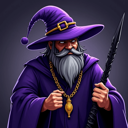 AI Design for Create a Picture with a wizard with purple clothes and a wizard hat but instead of a staff he has a black weapon in his hands. His look is crumpy. he also has a golden chain around his neck and there is written: Schickert