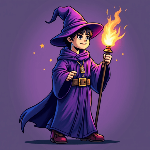 AI Design for Create a Picture with a wizard with purple clothes and a wizard hat but instead of a staff he has a m4a1-silenced