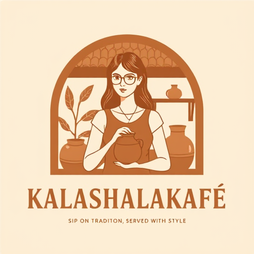 Professional logo design. "Create a vintage-style logo illustration for a modern pottery-themed café named 'Kalashalakafe'. The design should feature a young woman with glasses and long hair, wearing a modern dress, holding a clay pot. Behind her, include a cozy, rustic pottery setup with small vessels and a leafy plant, housed in a traditional tiled-roof hut. Frame the scene within an arch shape. Use a warm terracotta and cream color palette. Below the illustration, add bold serif text: 'KALASHALAKAFE' and a tagline in small caps: 'SIP ON TRADITION, SERVED WITH STYLE'. The overall vibe should blend tradition with minimal, contemporary design."