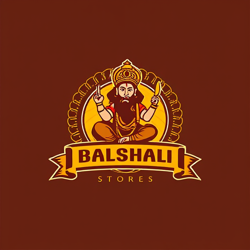 AI Design for create logo for traditional equipment like Gada with Hanuman and the store name is Balshali_Stores