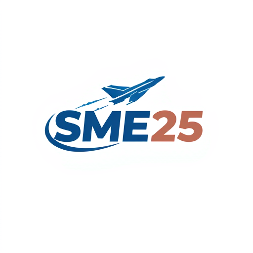 AI Design for a bold logo with the text "SME 25", bold text, add a jet fighter plane maneuvering near the logo and leaving a smoke trail