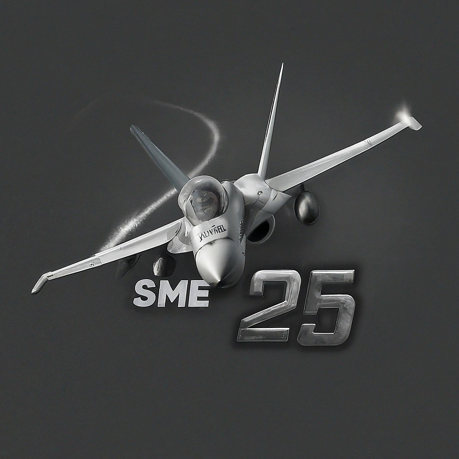 AI Design for a bold logo with the text "SME 25", bold text, add a jet fighter plane maneuvering near the logo and leaving a smoke trail