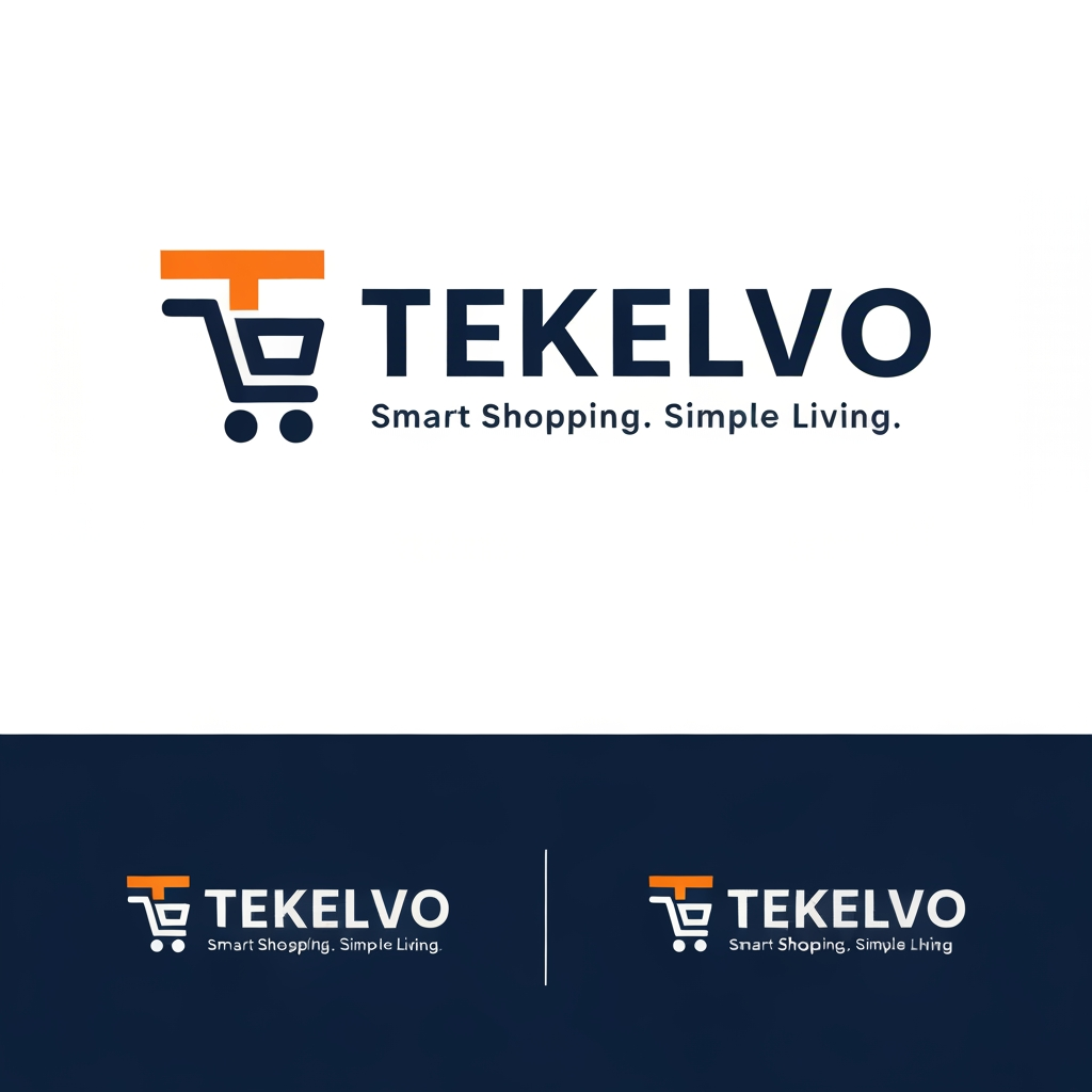 AI Design for Design a premium modern logo for “TEKELVO”, an e-commerce company. Create a memorable minimalist symbol combining the letter “T” with a subtle shopping cart or shopping-bag concept. Use clean geometric shapes, smooth curves, strong typography, and a professional tech-commerce aesthetic. Use deep navy blue as the primary color with a vibrant orange accent. The logo must look trustworthy, energetic, modern, scalable, and attractive to a broad audience. Include the wordmark “TEKELVO” with a clean bold sans-serif font and the tagline “Smart Shopping. Simple Living.” Provide a professional icon + wordmark version, horizontal version, and standalone icon. Avoid excessive details, generic cart icons, and complicated illustrations.