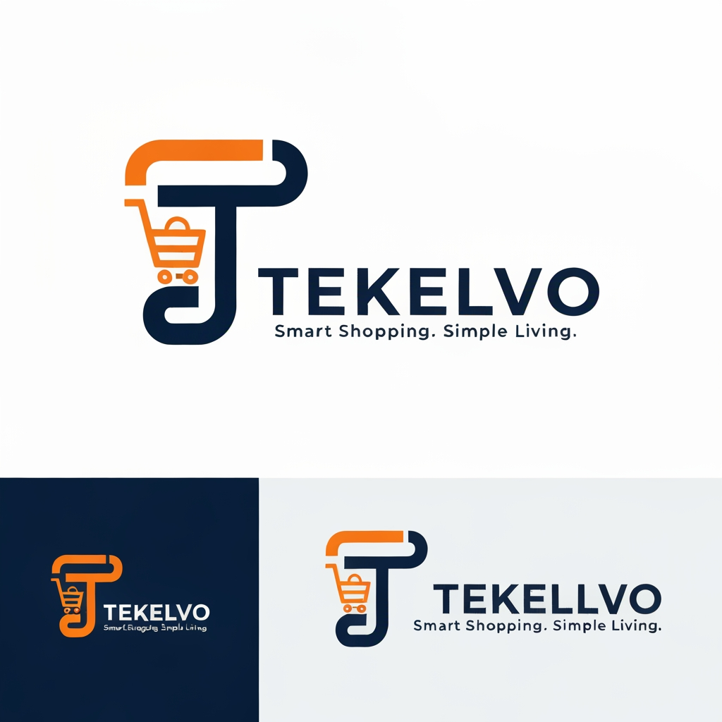 AI Design for Design a premium modern logo for “TEKELVO”, an e-commerce company. Create a memorable minimalist symbol combining the letter “T” with a subtle shopping cart or shopping-bag concept. Use clean geometric shapes, smooth curves, strong typography, and a professional tech-commerce aesthetic. Use deep navy blue as the primary color with a vibrant orange accent. The logo must look trustworthy, energetic, modern, scalable, and attractive to a broad audience. Include the wordmark “TEKELVO” with a clean bold sans-serif font and the tagline “Smart Shopping. Simple Living.” Provide a professional icon + wordmark version, horizontal version, and standalone icon. Avoid excessive details, generic cart icons, and complicated illustrations.